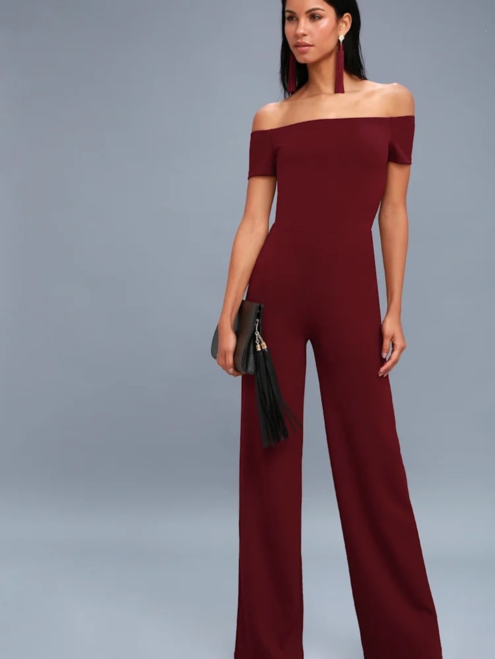 Lulu's Alleyoop Off-Shoulder Wide-Leg Jumpsuit — Wine Burgundy